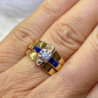 Retro 18K Yellow Gold Sapphire and Diamond Ring
