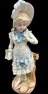 Large vintage bisque lady @ 19" tall w/raised painted decoration. One finger looks to have been repaired.