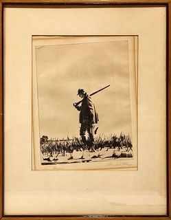 Churchill Ettinger 1903-1984 "Lone Gunner" dry point etching , signed, image size 9" x 11"