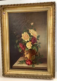 Vintage golden floral oil painting on canvas @ approx 30" tall & 22" wide in a decorative wood frame, some loss on frame, some craquelure to paint.