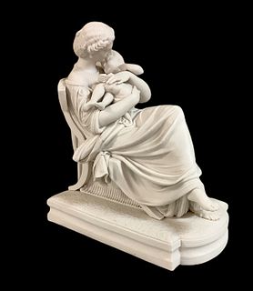 Parian statue of woman and child measuring 11.25" high and 12" wide