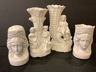 4 parian pieces including hat pin holder, tallest 9"H