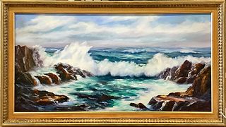 Theresa R Brinson "Aloha Mahala",signed and dated 1977 on reverse, oil on canvas, 20"x 40" image size, minor frame damage