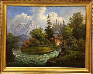 Oil on canvas mountain scene. Signed Kapossi lower left. 48" x 36"