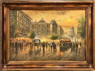Oil on canvas Victorian street scene. 44" x 32. Unsigned.