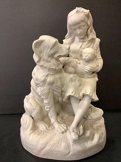 Parian girl statue with dogs 15"H