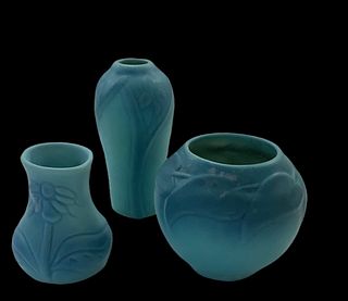 Van Briggle Pottery three vases . 4 1/4" 4.5" 6" tall.