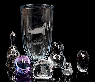 * A Group of Six Glass Paperweights Height of vase 9 1/2 inches.