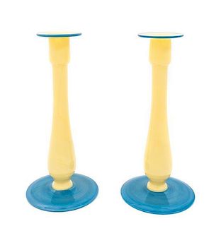 A Pair of American Blown Glass Candlesticks Height 9 1/4 inches.