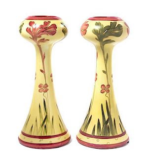 A Pair of Royal Dux Art Nouveau Pottery Vases Height 13 1/2 inches.