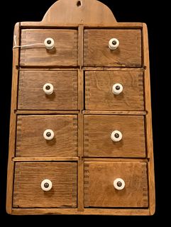 Antique 8 drawer wooden Spice Cabinet. 18" high x 10" wide. Hang's from wall.