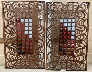 Lot of (2) wooden wall hangings with tinted glass squares. Both 20.25"-33"