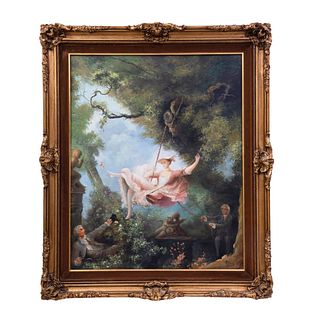 FIRMADO MARÍN. Reproducción de "El columpio" de Jean-Honoré Fragonard. Óleo sobre tela. 96 x 80 cm.