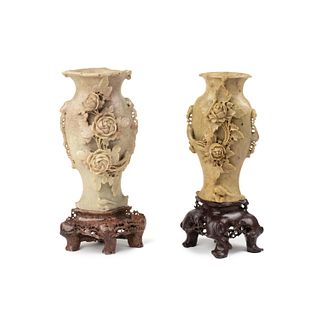 (2) Chinese Carved Soapstone Vases with Bases