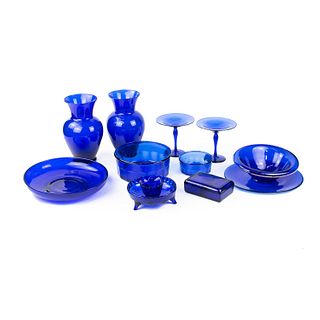 Grouping of Cobalt Blue Glass Vases and Dishware