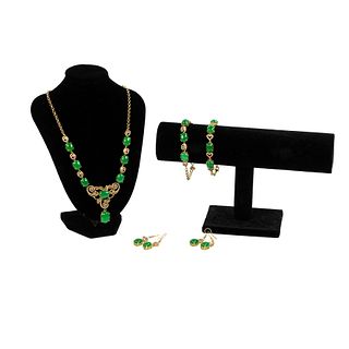 Brass and Faux Jade Jewelry Set 