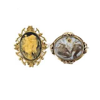 19th C Floral Hair Brooch and Carved Shell Cameo