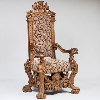 Massive Italian Baroque Style Carved and Oil Gilded Throne Chair