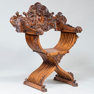 Italian Carved Walnut Savonarola Chair