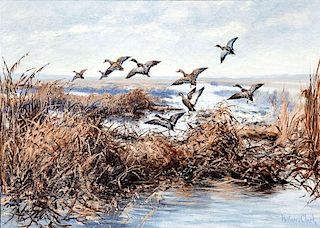 Roland H. Clark (1874-1957) Ducks in Flight Over Marshes