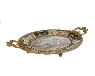 A French champleve and porcelain tray