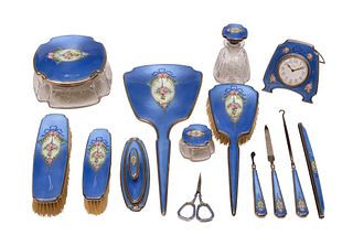 A Thomae Company sterling silver and guilloche enamel vanity set