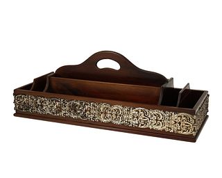 A mahogany and repousse silver letter tray