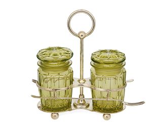 A Mappin & Webb silver plate and uranium glass pickle castor