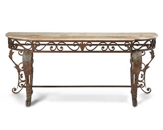 A wrought iron and marble console table