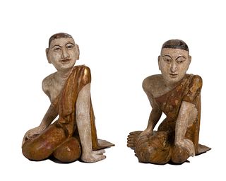 A pair of Burmese carved wood seated monks