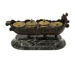 A French bronze and marble inkwell