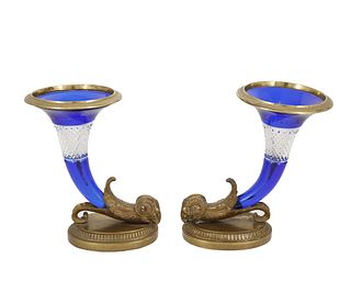 A pair of Austrian cobalt glass cornucopia vases