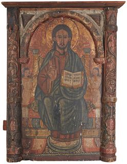 A carved and polychromed wood Russian or Greek icon
 19th Century or earlier