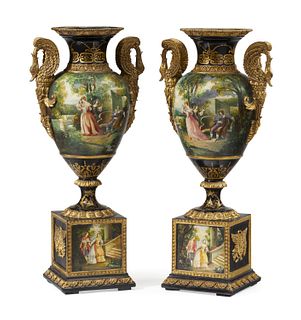 A pair of hand-painted urns