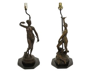 A pair of sculptural bronze Diana lamp bases