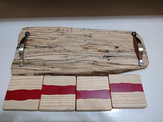 Spalted Maple Serving Tray with Red Epoxy Coaster Set