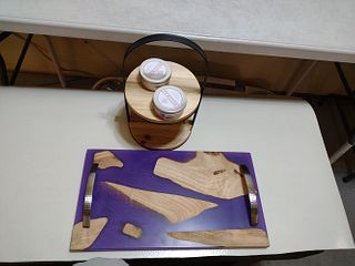 Purple heart serving tray, with stand.