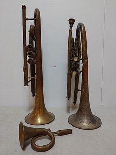 2 Trumpets 1 CG Conn & brass bike horn
