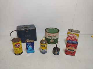Box of 7  advertising can's, one sunbeam container.