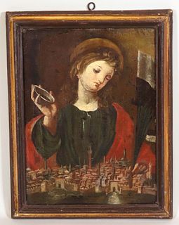 Oil on Canvas, Portrait of Saint Over Walled City
