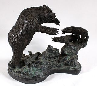 Bronze Sculpture of a Bear and Two Wolves
