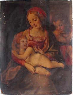 Oil on Board, Madonna and Child with Cherub