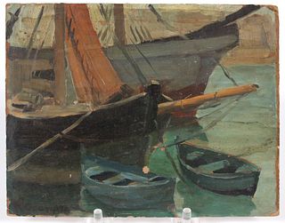 Small Oil on Board, Boats at Dock