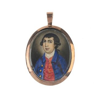 A mid Victorian hand painted miniature memorial pendant. Attributed to Thomas Rosmond, of oval outli