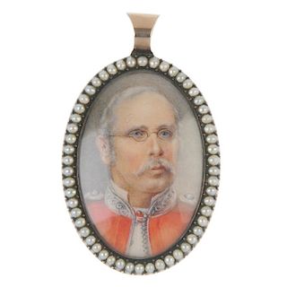 A late Victorian gold hand painted miniature memorial pendant with split pearls. Of oval outline, th