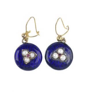 A pair of gem-set and enamel ear-pendants. Each designed as a circular-shape blue enamel panel, with
