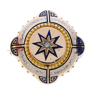 A late Victorian gold enamel and diamond memorial brooch. Of circular outline, the central brilliant