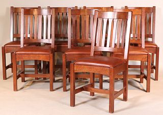 Eight Stickley Oak Dining Chairs
