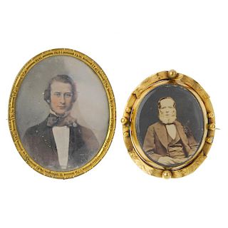 Two mid Victorian brooches. One an oval frame with an ambrotype portrait of a man to the central gla