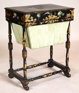 Chinoiserie Decorated Black Lacquer Sewing Stand